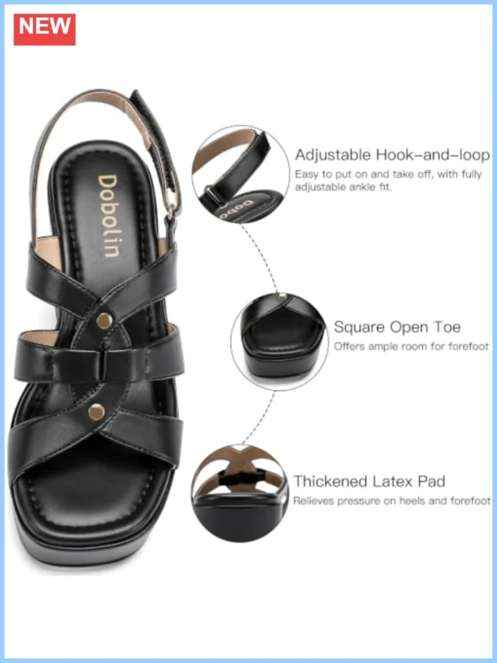 Chunky Block Heel Platform Sandals Square Open Toe Ankle Strap PU Faux Leather